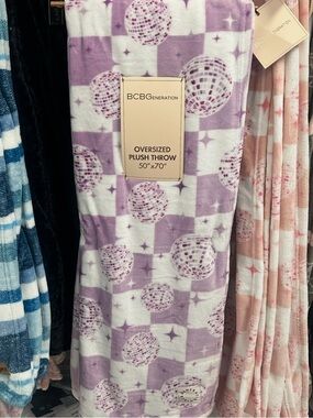 BCBGeneration Purple Checkered Disco Ball Oversized Plush Throw Blanket